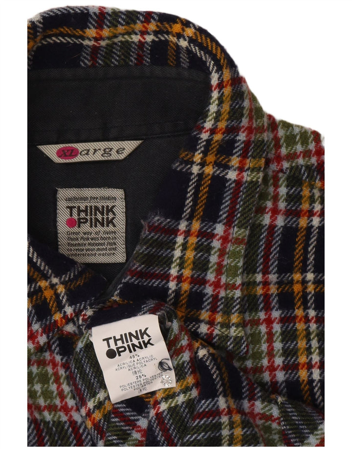 Camiseta masculina de flanela Think Pink, camisa XL azul marinho xadrez acrílica