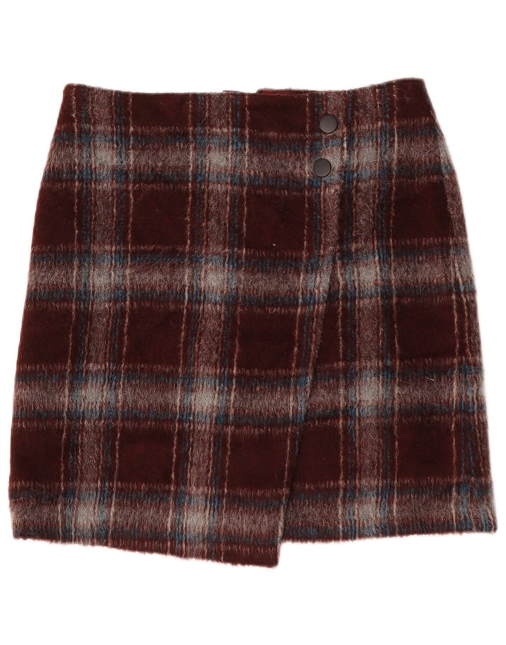 Minissaia feminina Marks & Spencer Reino Unido 14 grande W34 poliéster xadrez borgonha