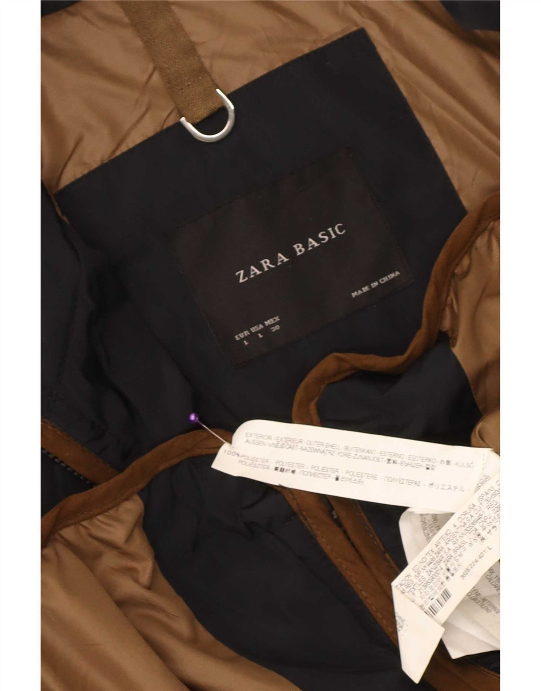 Jaqueta acolchoada feminina Zara UK 14 grande poliéster azul marinho