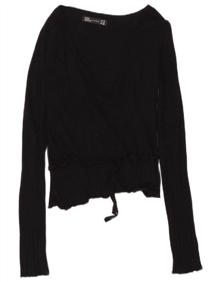 Top feminino Zara de manga comprida UK 14 grande rayon preto