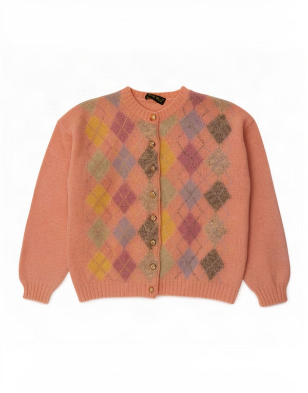 Suéter cardigã feminino vintage grande Reino Unido 14 Médio Rosa Argyle/Diamante