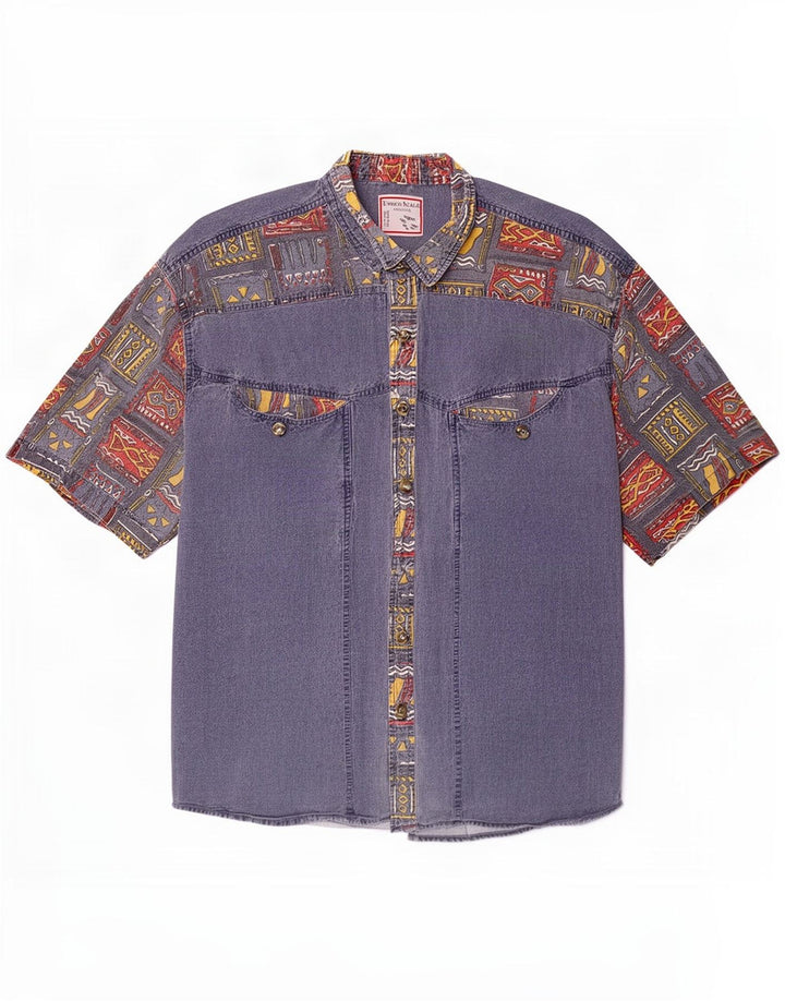Camisa masculina vintage de manga curta XL azul patchwork retrô
