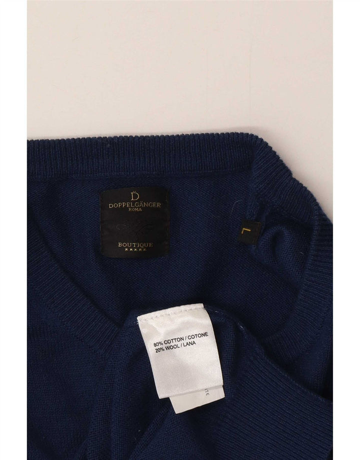 Suéter vintage masculino com gola redonda, grande algodão azul