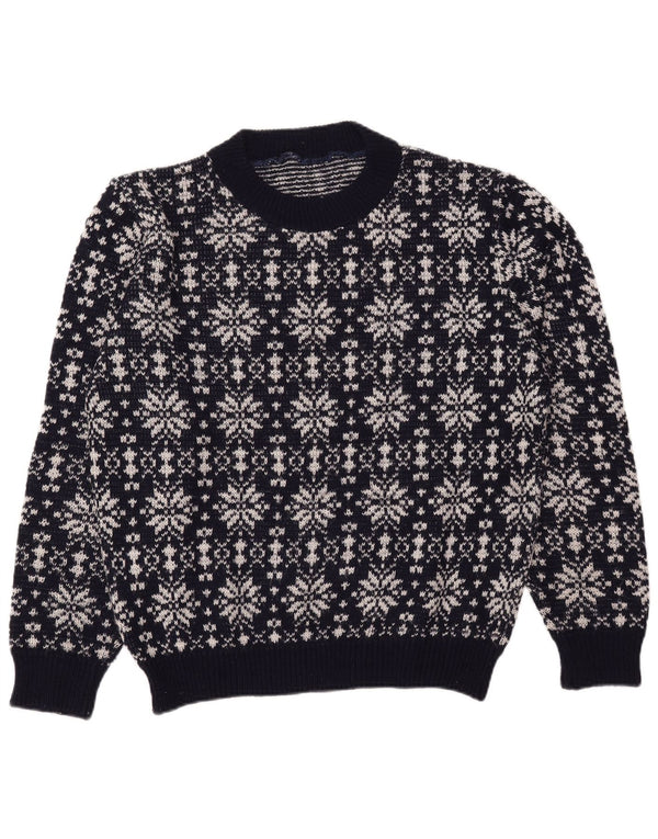 Suéter vintage masculino com gola redonda grande azul marinho Fair Isle
