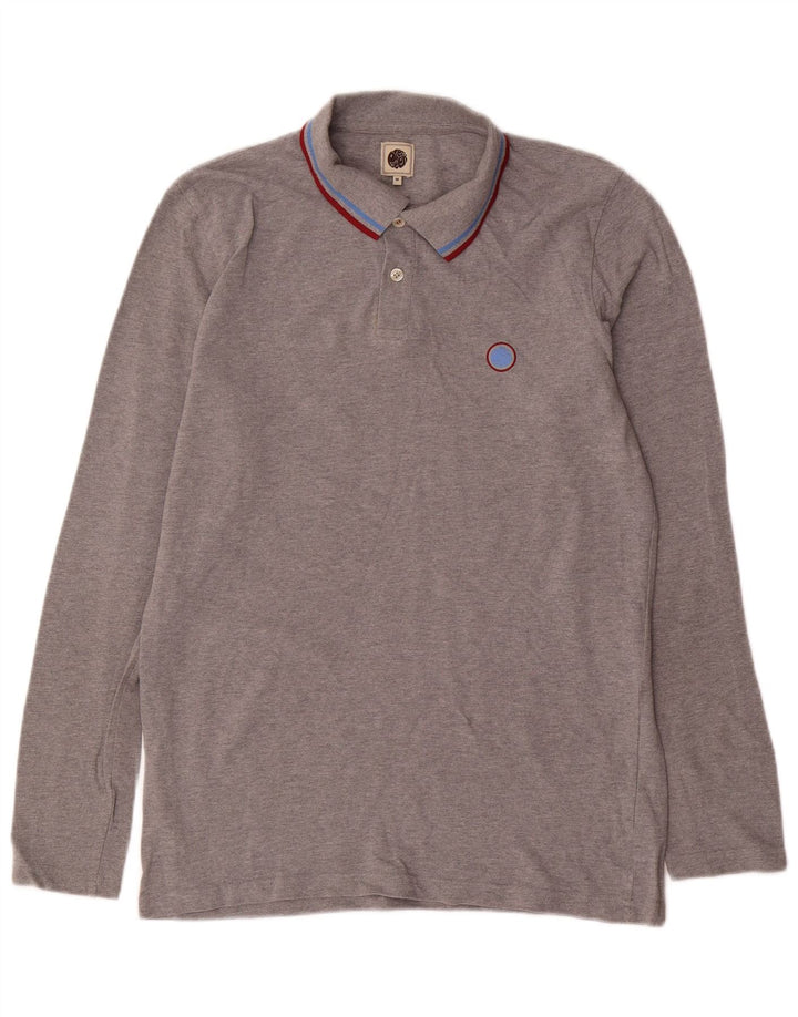 Camisa polo masculina de manga comprida Pretty Green algodão cinza médio