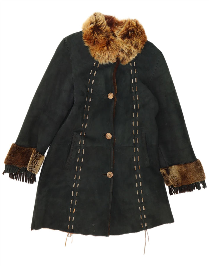 Casaco feminino vintage de shearling UK 12 verde médio