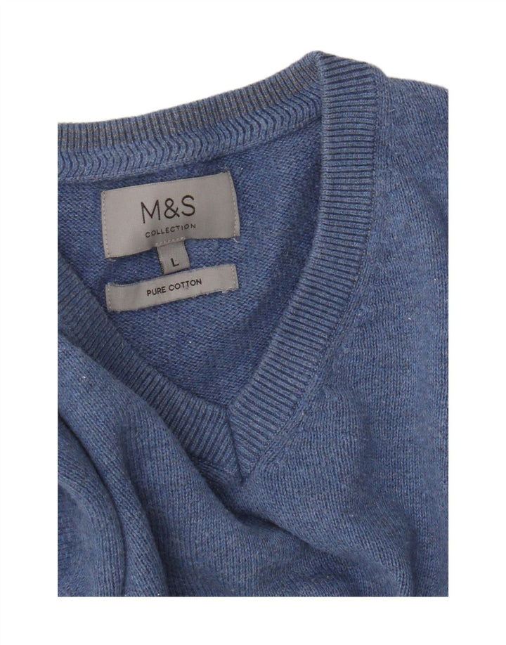 Suéter masculino Marks & Spencer com decote em V grande algodão azul