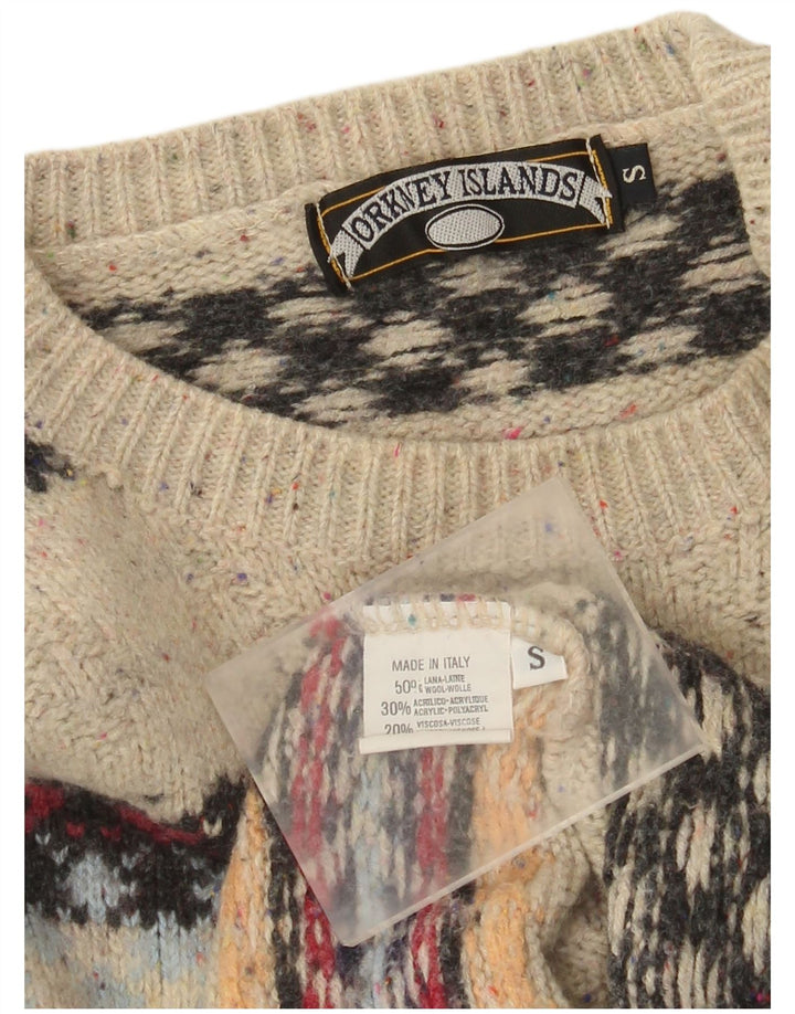Suéter vintage masculino com gola redonda, pequeno bege, lã Fair Isle