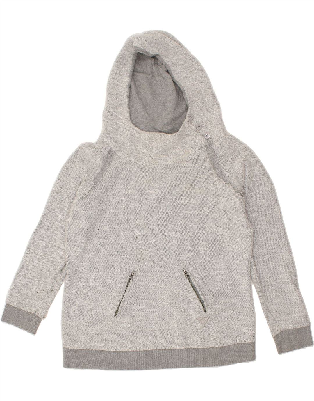 ROXY Girls Button Neck Hoodie Jumper 13-14 Years XL Grey Cotton Vintage Roxy and Second-Hand Roxy from Messina Hembry 