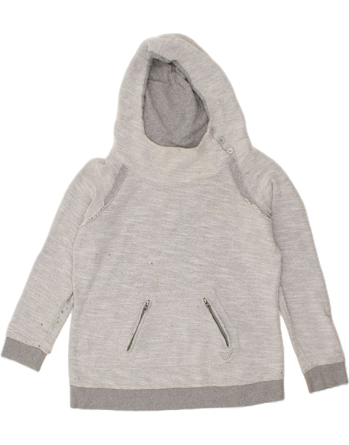 ROXY Girls Button Neck Hoodie Jumper 13-14 Years XL Grey Cotton Vintage Roxy and Second-Hand Roxy from Messina Hembry 