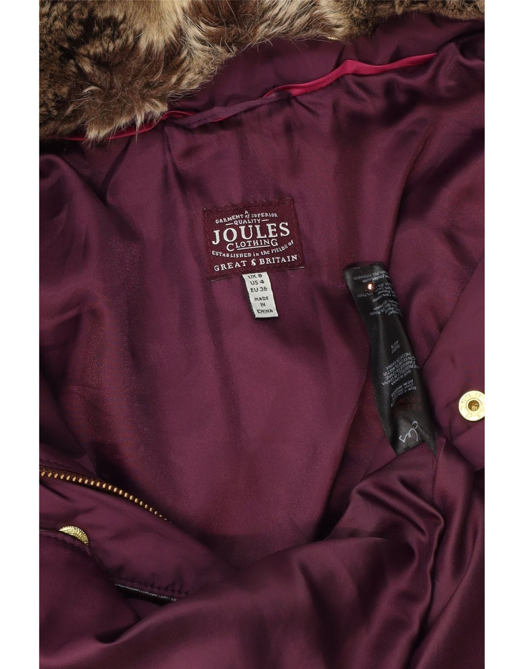 Casaco feminino acolchoado com capuz grande JOULES Reino Unido 8 pequeno poliéster roxo