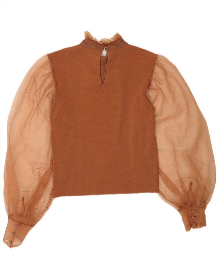 Blusa feminina Zara com babados na frente UK 8 pequena marrom nylon