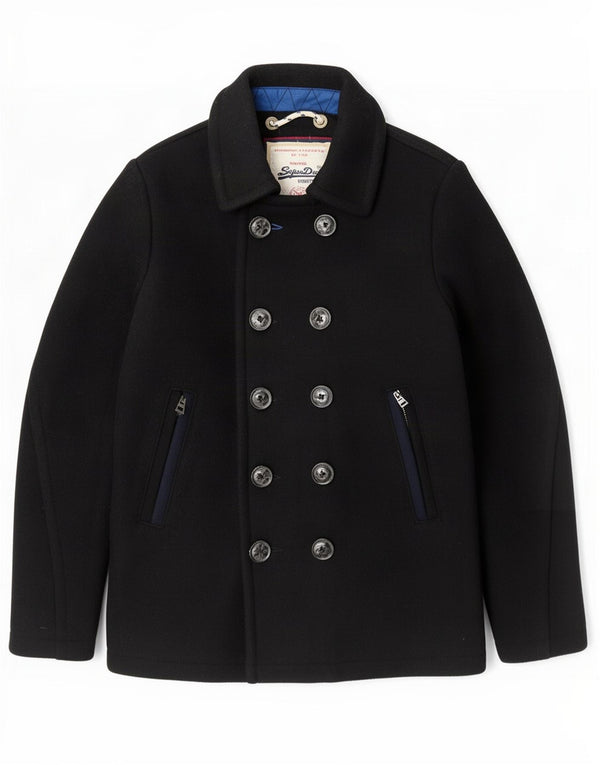 Superdry Mens Pea Coat UK 40 Grande Lã Preta
