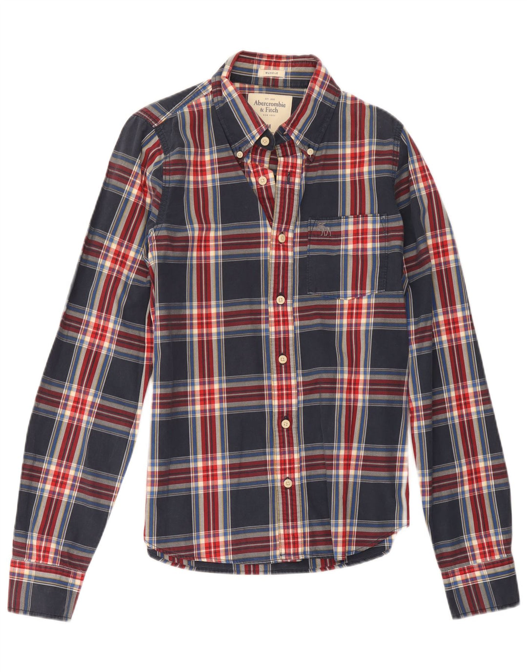 Camisa muscular masculina Abercrombie & Fitch de algodão xadrez azul marinho médio