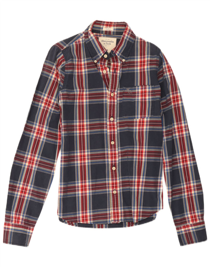 Camisa muscular masculina Abercrombie & Fitch de algodão xadrez azul marinho médio