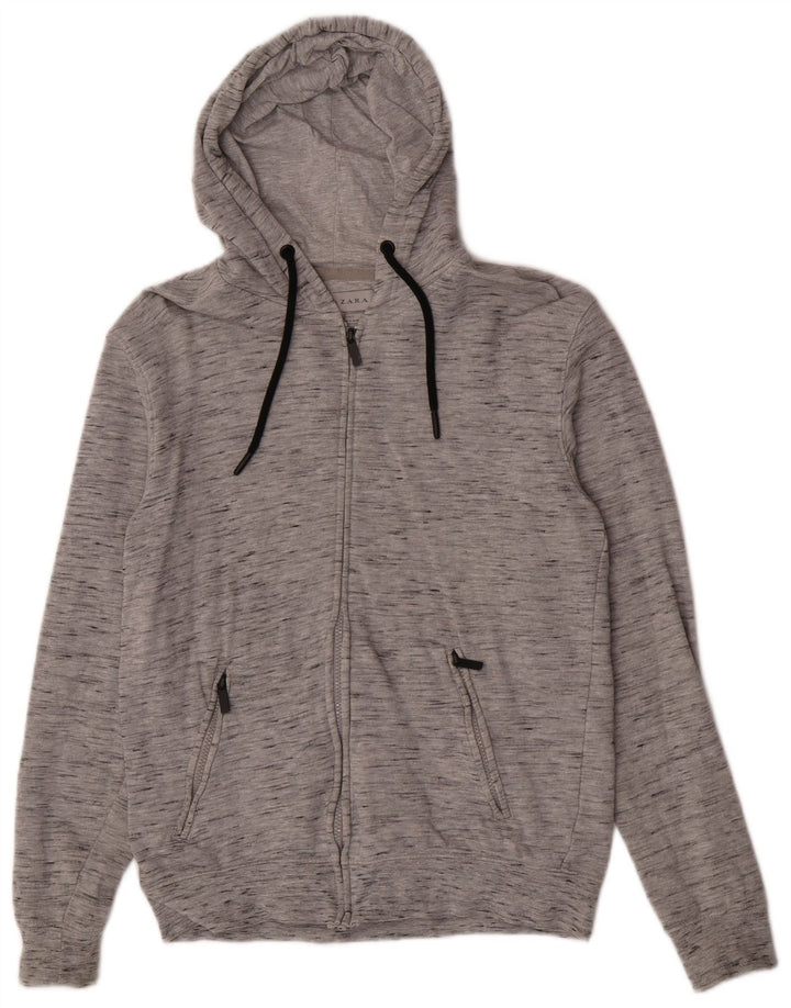 Zara Suéter masculino com capuz e zíper cinza médio algodão manchado
