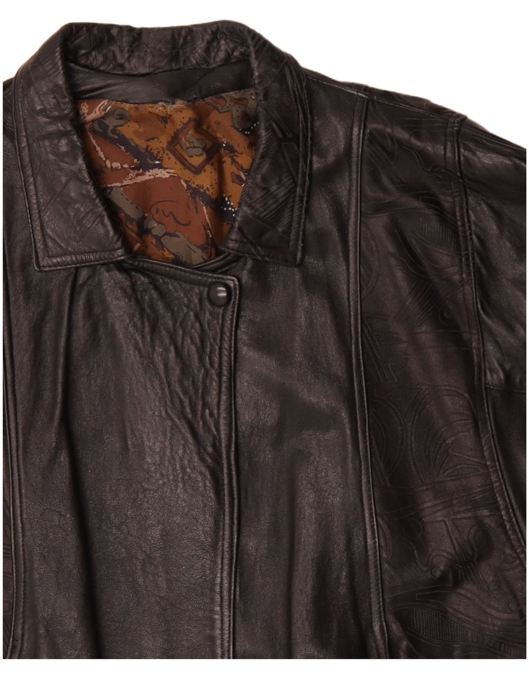 Casaco de couro feminino vintage Reino Unido 14 grande couro geométrico preto