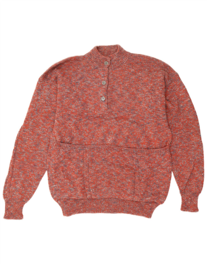 Suéter feminino vintage com gola redonda e botão UK 14 grande vermelho manchado
