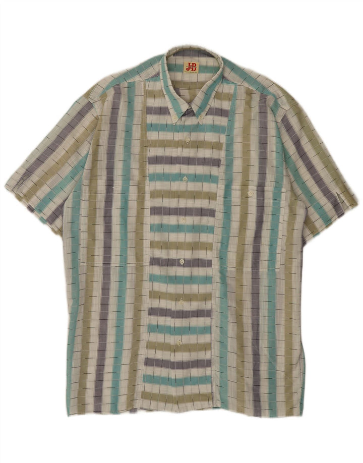 Camisa masculina vintage de manga curta, algodão listrado multicolorido médio
