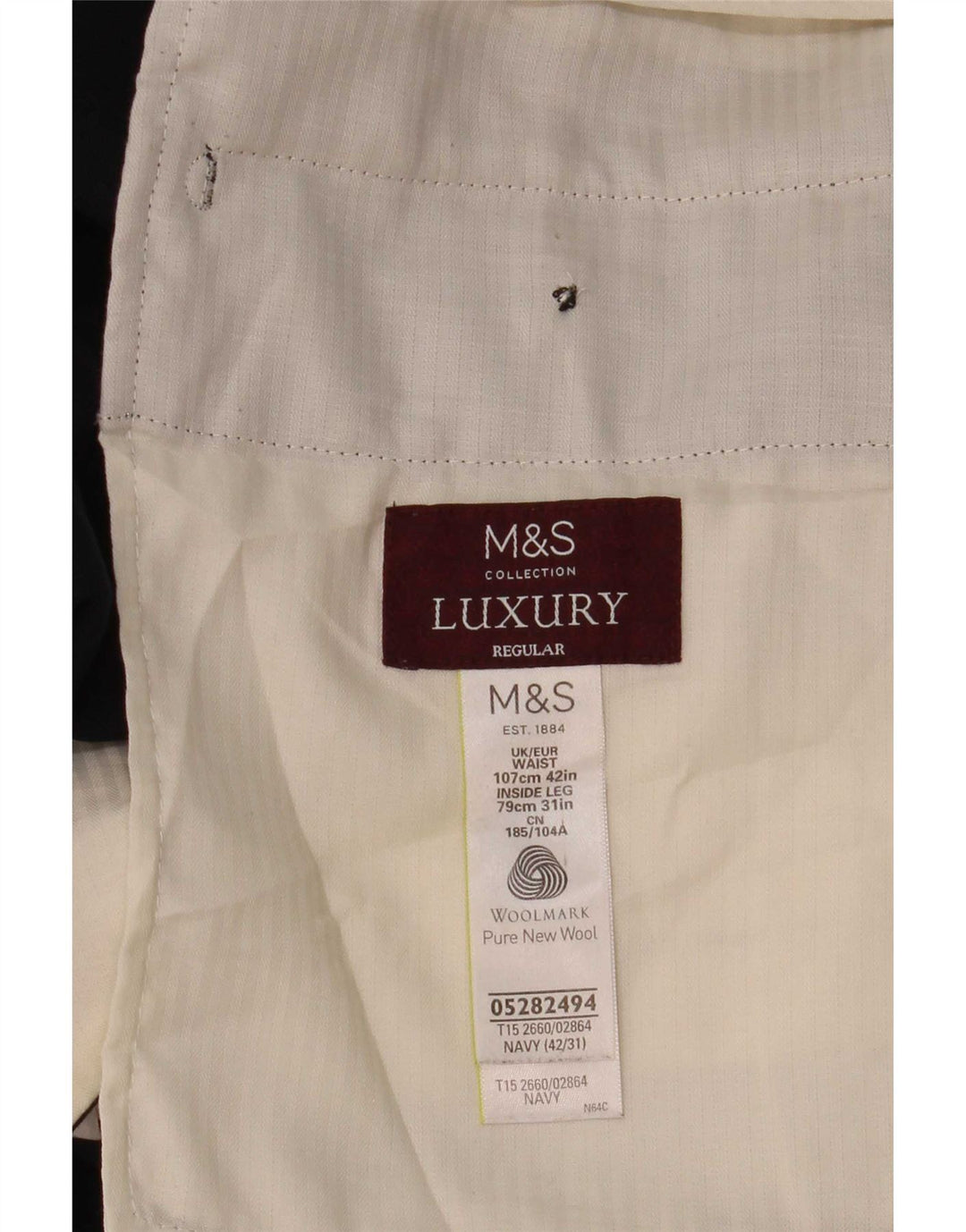 Calça masculina de ajuste regular Marks & Spencer W42 L31 lã azul marinho