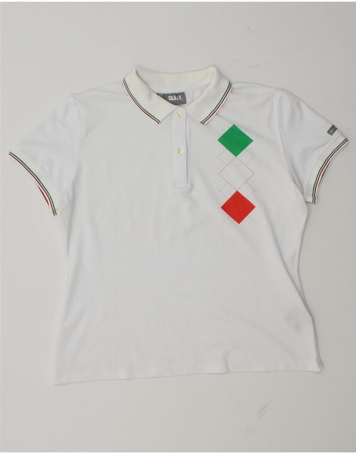 Camisa polo feminina Slam UK 14 grande branco Argyle / diamante poliamida