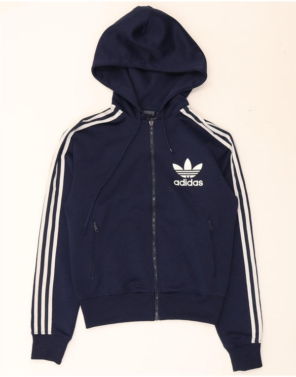 Suéter feminino Adidas com capuz e zíper gráfico UK 10 pequeno azul marinho poliéster