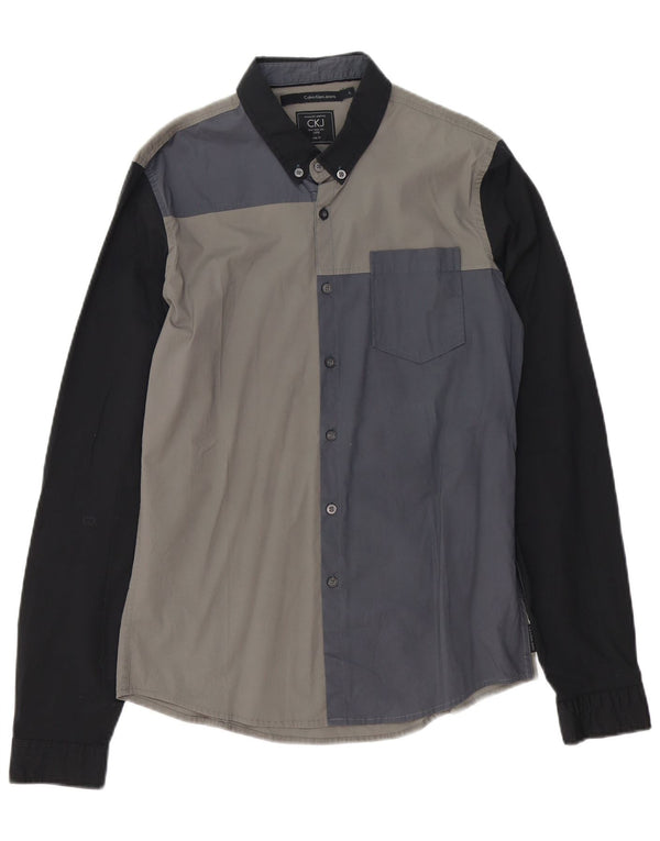 CALVIN KLEIN JEANS Camisa masculina slim fit grande cinza colorblock algodão