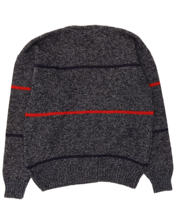 Suéter vintage masculino com gola redonda IT 50 lã listrada cinza médio
