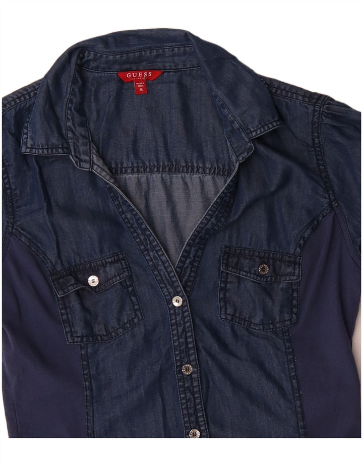 Blusa feminina jeans de manga curta GUESS Reino Unido 12 médio azul marinho Tencel