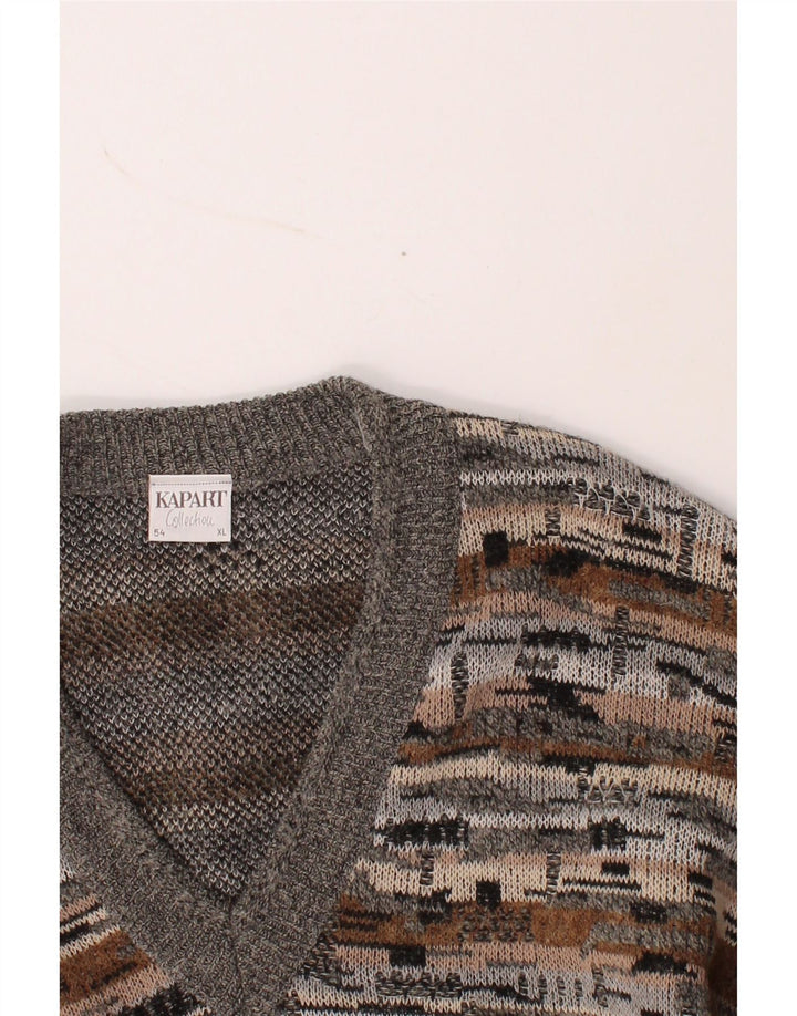 KAPART Mens V-Neck Jumper Sweater EU 54 XL Grey Geometric Wool Vintage Kapart and Second-Hand Kapart from Messina Hembry 