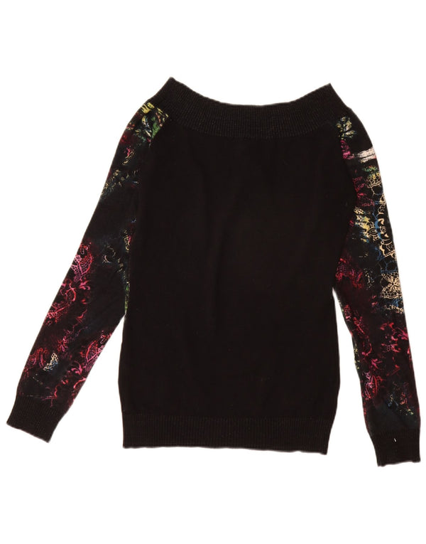 Suéter feminino Desigual com gola canoa UK 12 médio preto floral