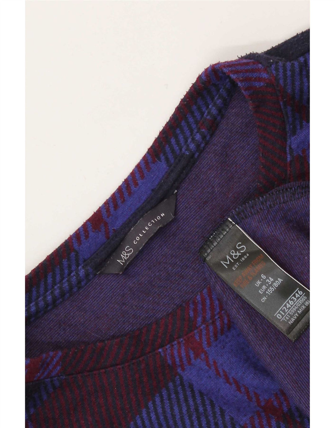 Top feminino Marks & Spencer de manga comprida UK 6 XS azul marinho poliéster xadrez