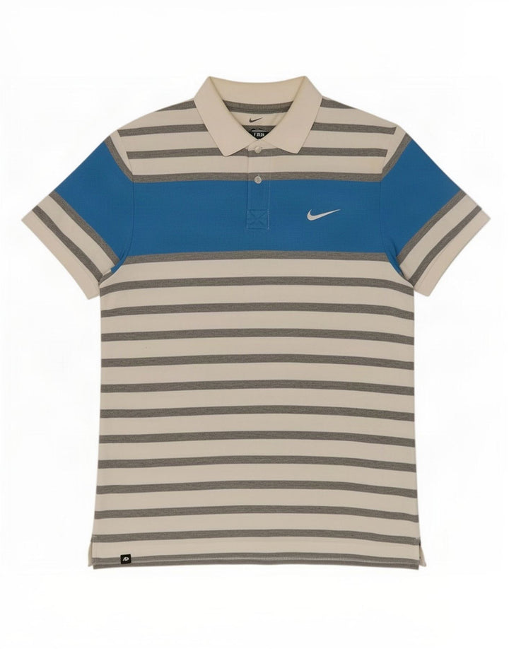 Camisa polo masculina Nike grande listrada branca de algodão