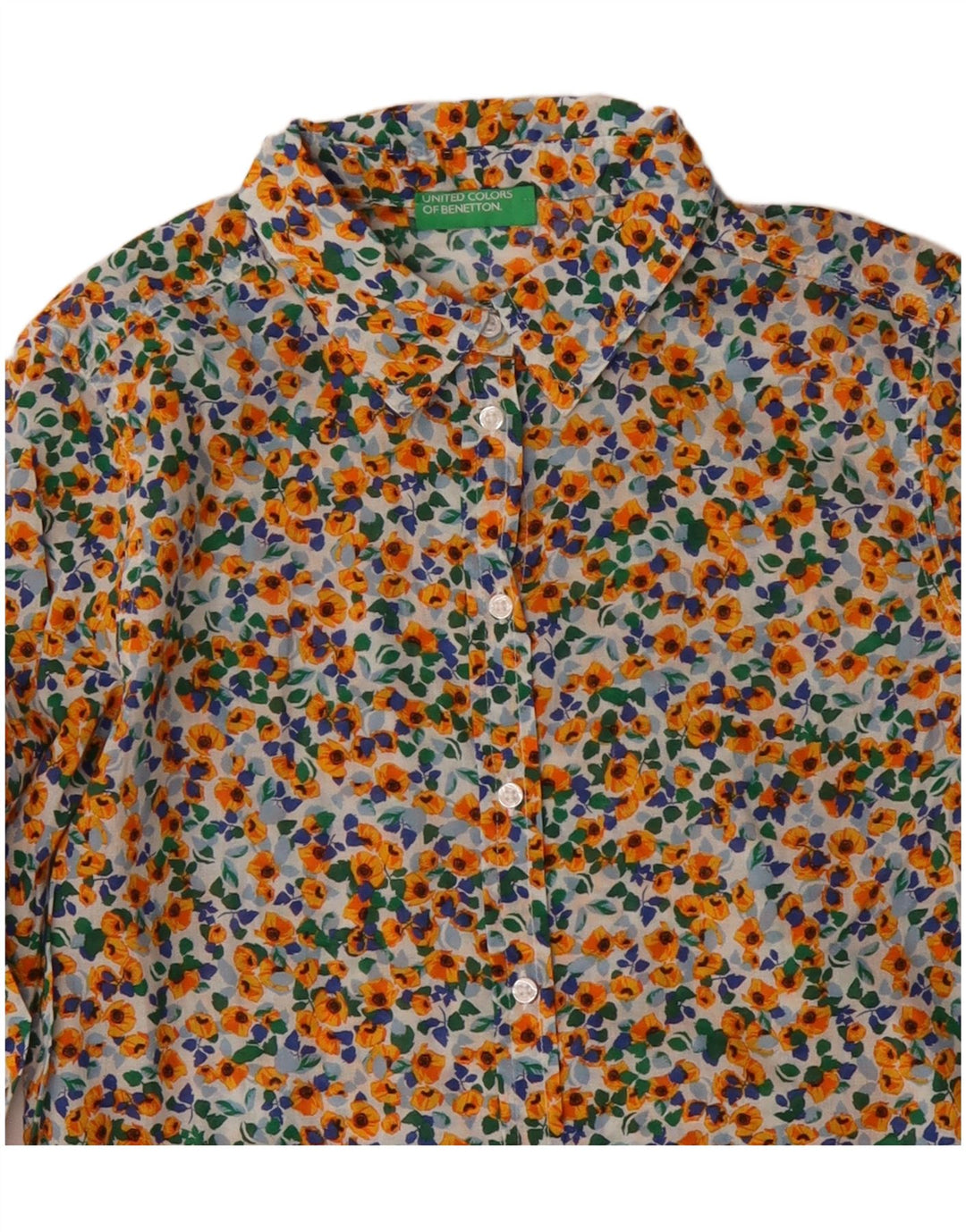 Camisa feminina BENETTON UK 10 pequena algodão floral multicolorido