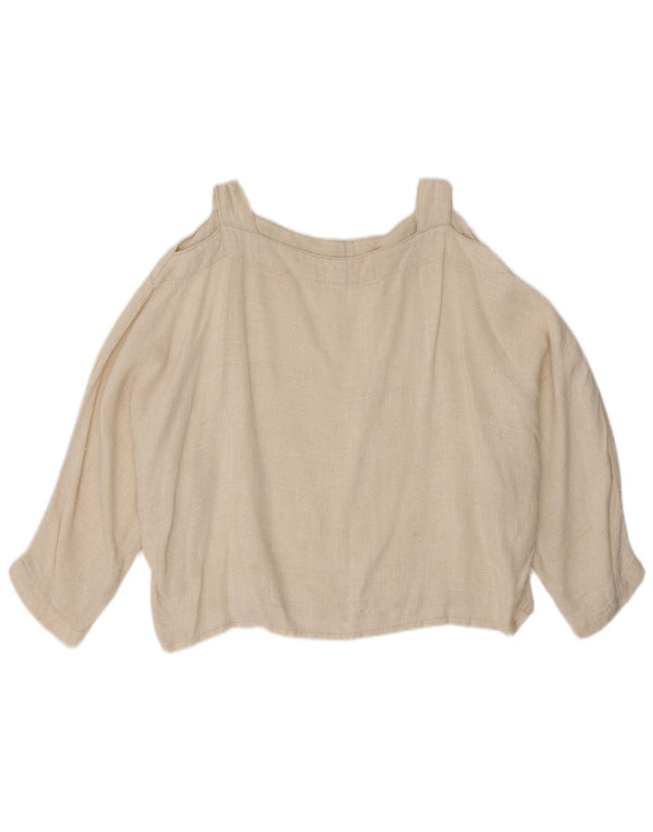 Blusa feminina vintage manga 3/4 ombro de fora UK 14 grande bege