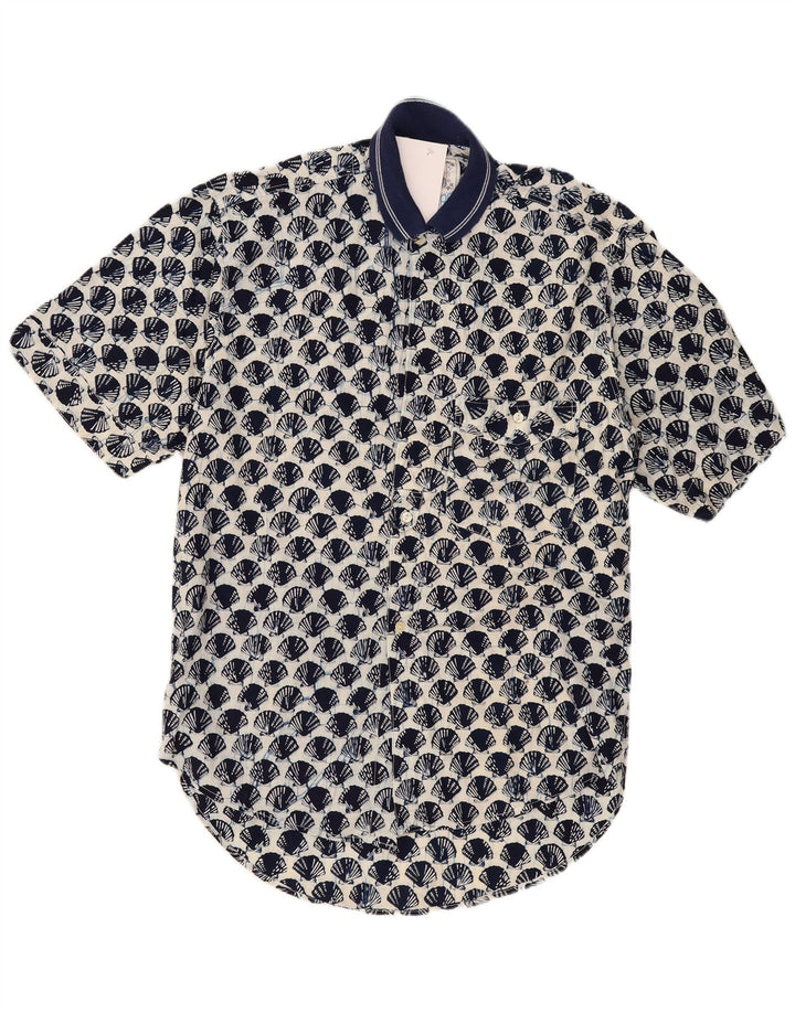 Vintage masculino abstrato Padrão manga curta camisa grande algodão azul marinho