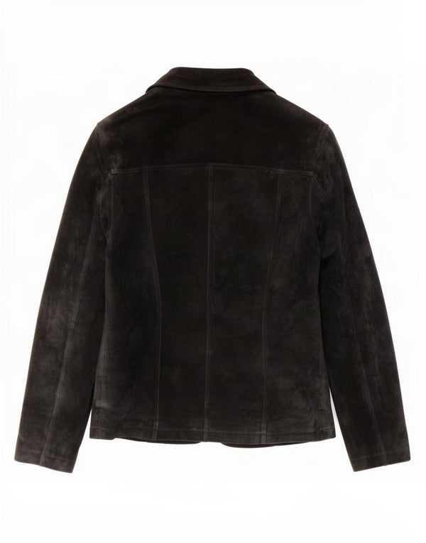Jaqueta blazer feminina vintage de camurça com 2 botões Reino Unido 10 couro preto pequeno