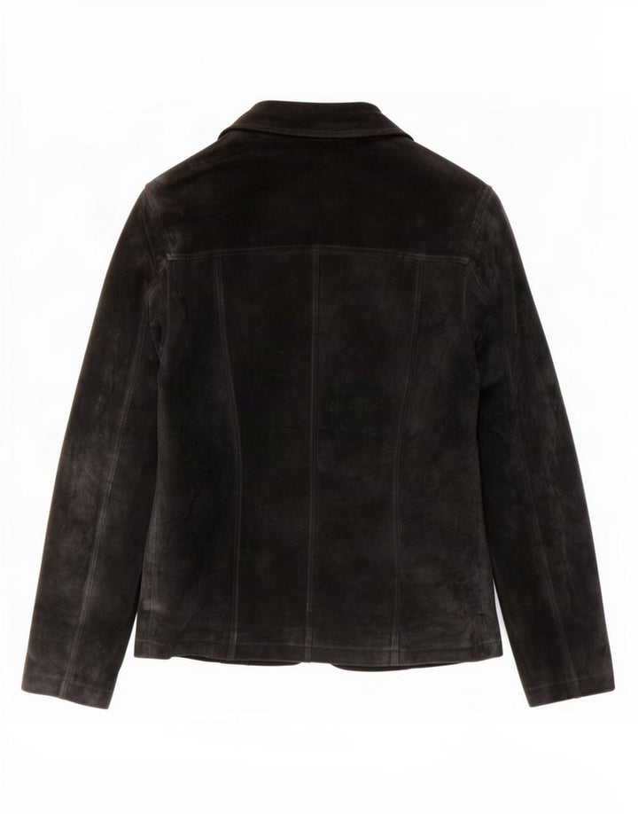 Jaqueta blazer feminina vintage de camurça com 2 botões Reino Unido 10 couro preto pequeno