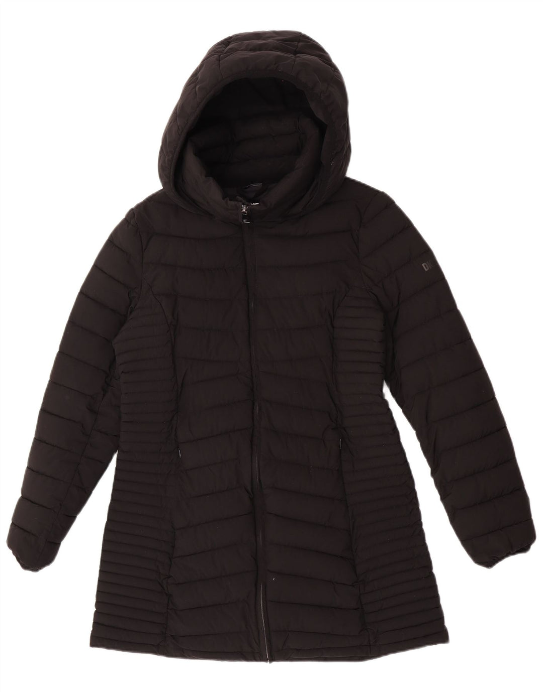Casaco acolchoado com capuz feminino Dkny UK 12 poliéster preto médio