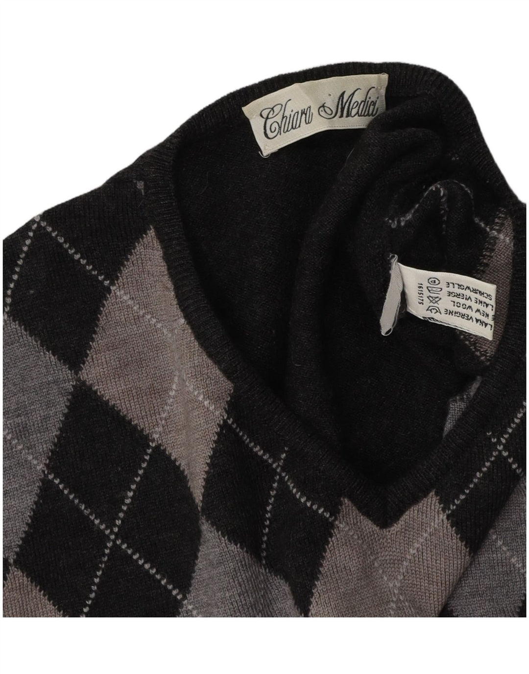 Suéter feminino VINTAGE com decote em V Reino Unido 16 grande cinza argyle/diamante