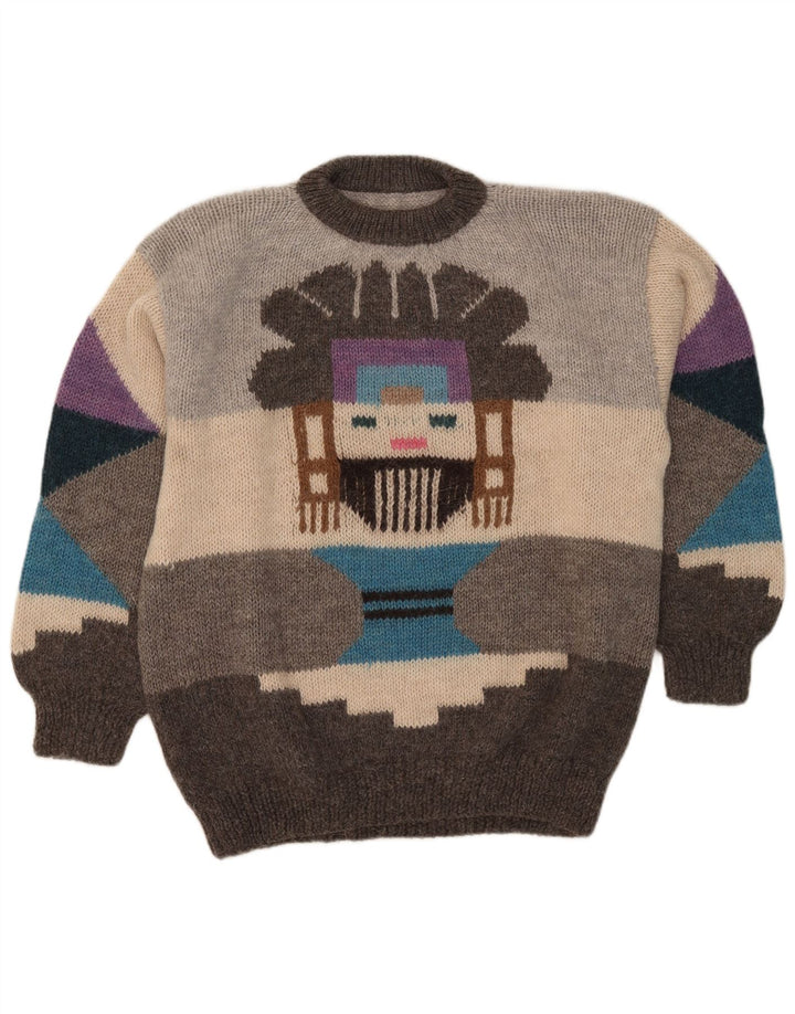 Suéter masculino vintage com gola redonda e grande cinza geométrico