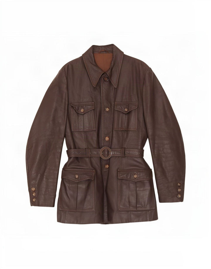 Casaco de couro feminino vintage UK 12 marrom médio