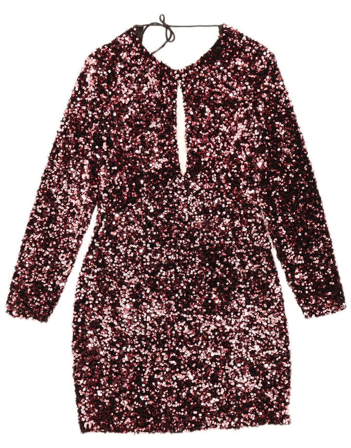 Vestido feminino Zara com bainha de manga comprida Reino Unido 8 pequeno poliéster rosa