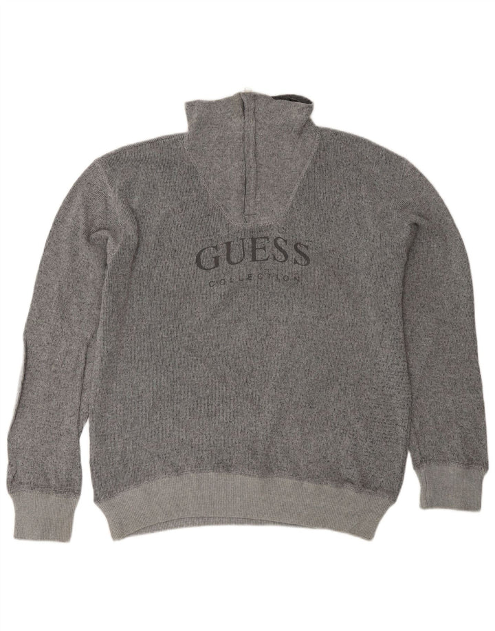 Suéter masculino Guess gráfico com zíper e gola grande de algodão cinza