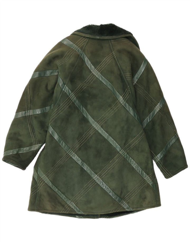 Casaco feminino vintage de shearling UK 14 xadrez verde médio