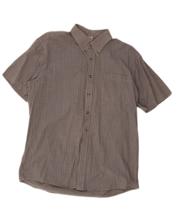 Camisa masculina de manga curta Brugi tamanho 41 grande algodão xadrez cinza