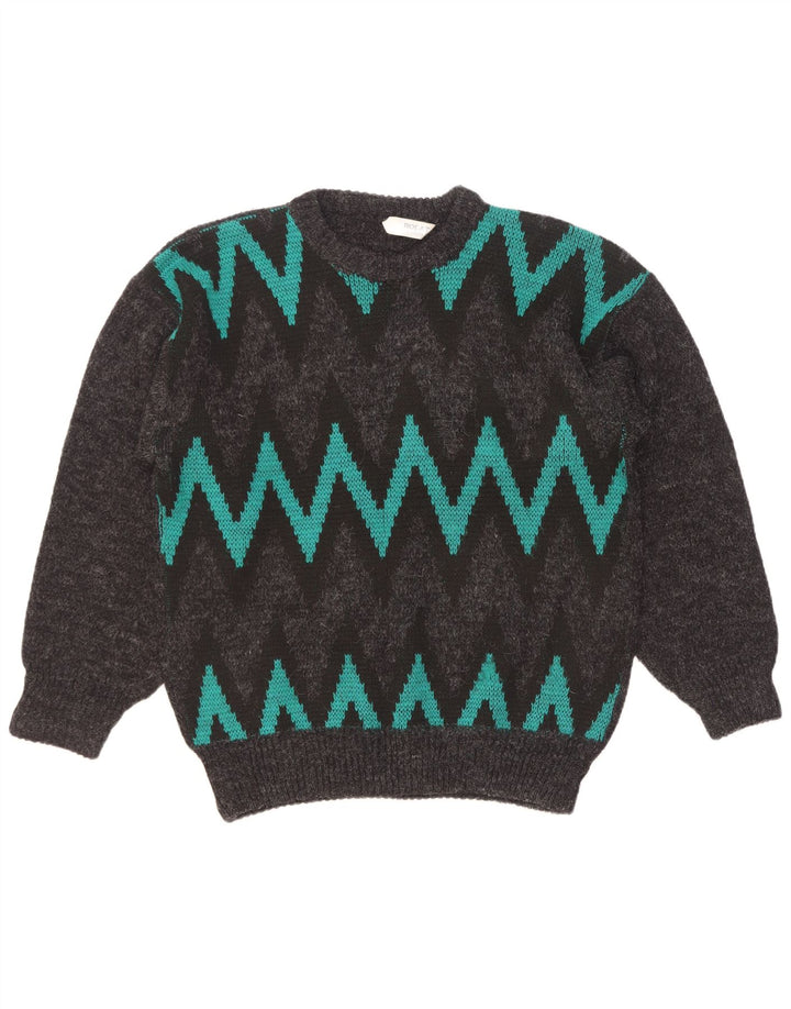 Suéter vintage masculino com gola redonda grande cinza Chevron