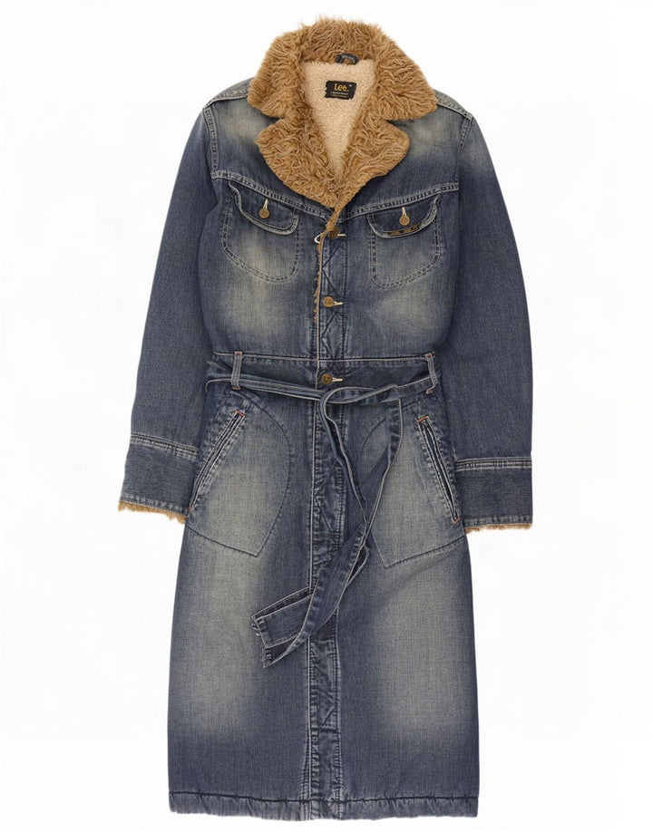 Casaco jeans feminino Sherpa Lee UK 14 poliéster colorblock azul médio