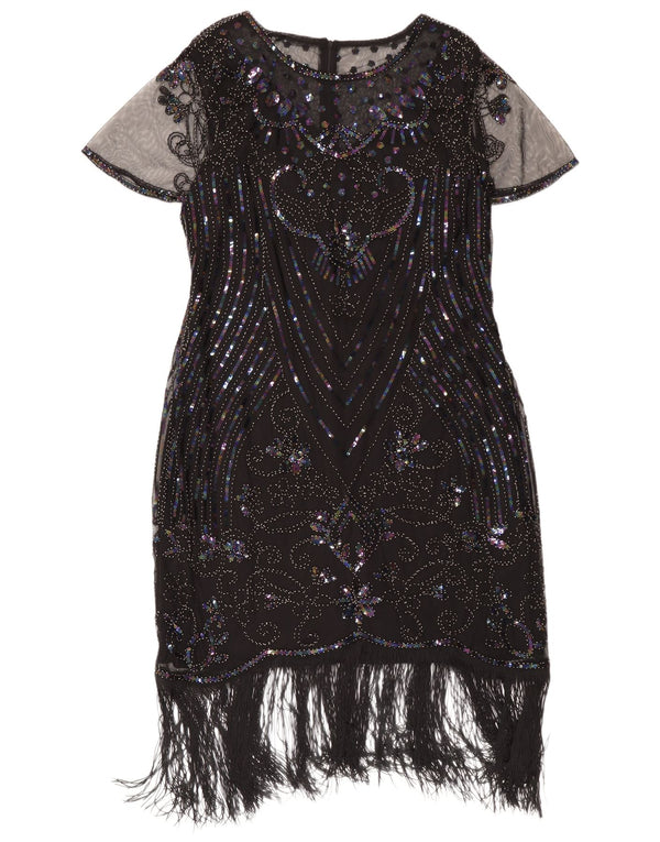 Vestido feminino vintage de lantejoulas Charleston UK 22 3XL poliéster floral preto