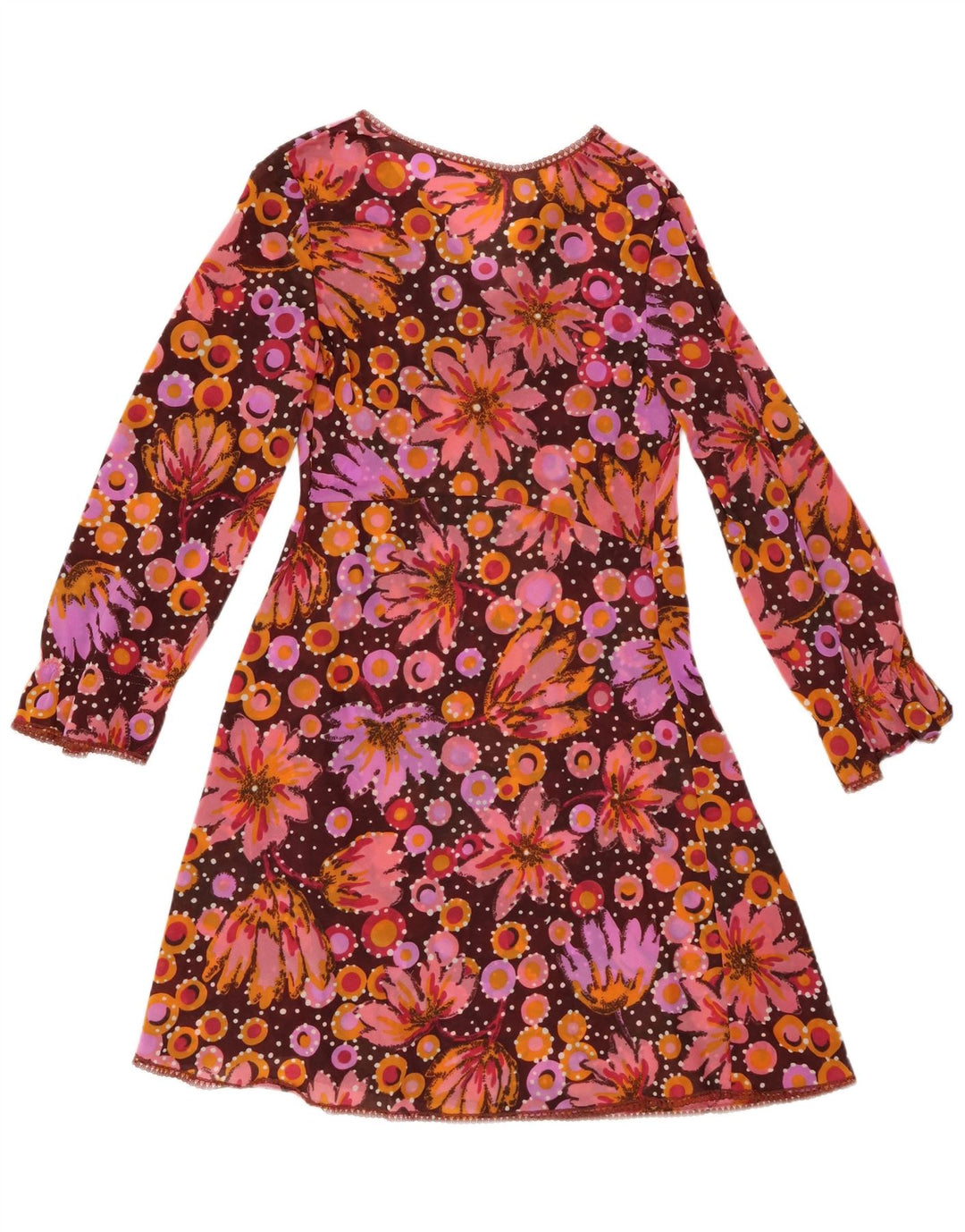 Vestido feminino VINTAGE de manga comprida evasê UK 8 pequeno floral multicolorido